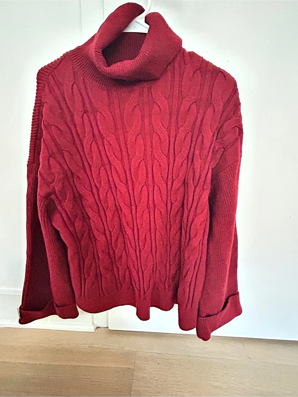 Cable Knit Cowl Neck Sweater in Red Like New